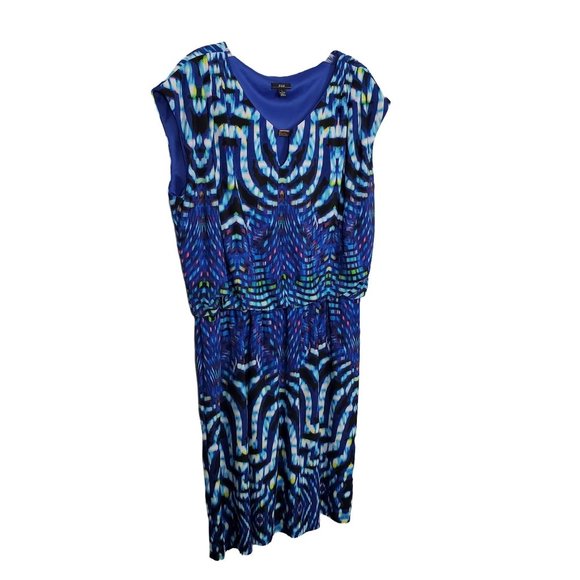 R&K Dresses & Skirts - R&K Size L Dress Stained Glass Blouson Sleeveless V-notch Stretch Lined Blue